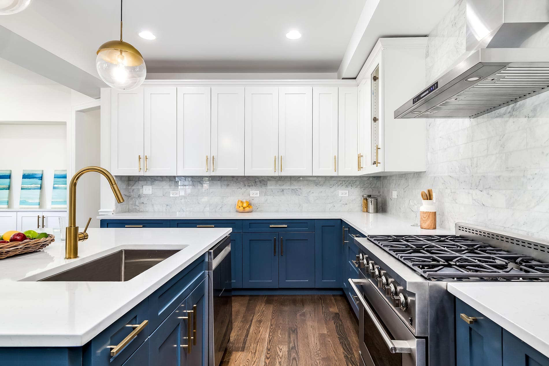 Custom navy and white kitchen with gold hardware, Pocatello ID